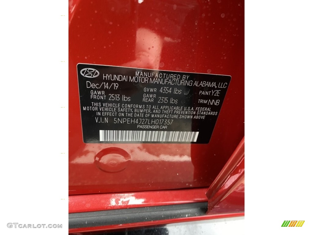 2020 Sonata Color Code Y2E for Calypso Red Photo #136866837