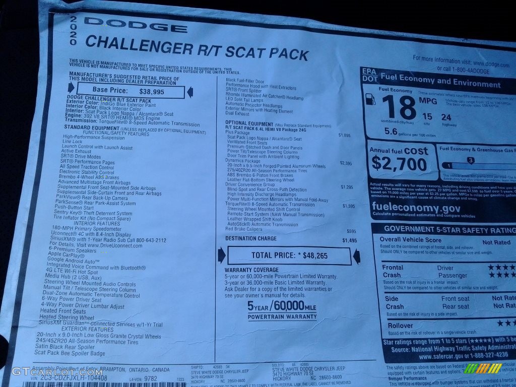 2020 Challenger R/T Scat Pack - IndiGo Blue / Black photo #30