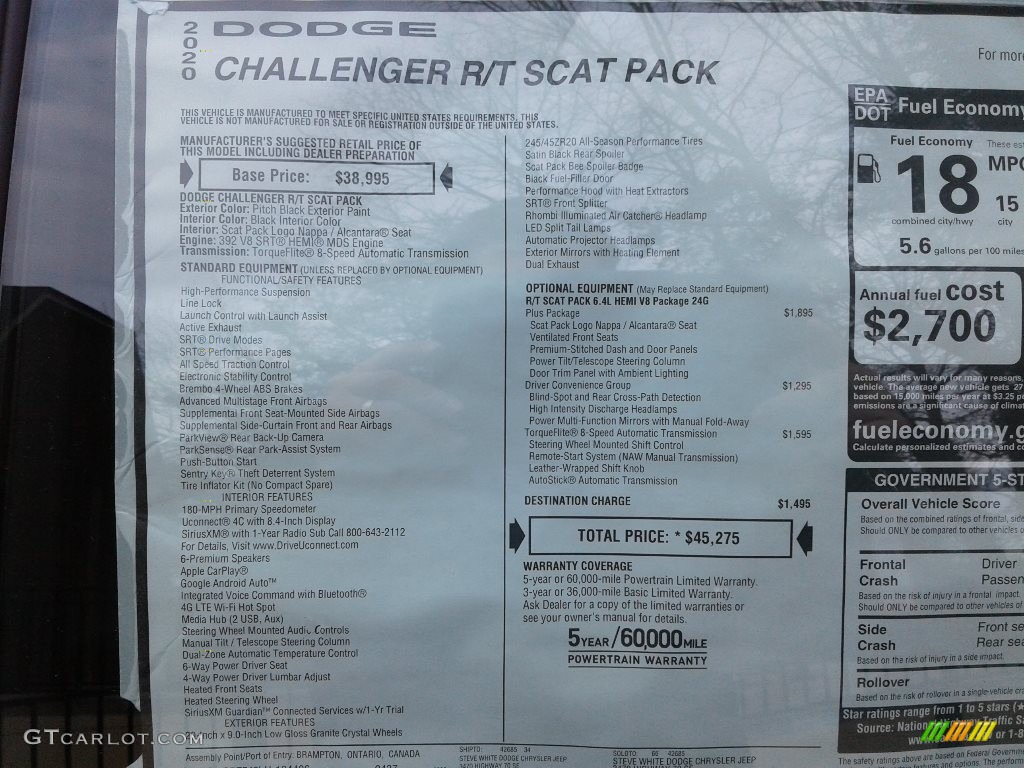 2020 Challenger R/T Scat Pack - Pitch Black / Black photo #27