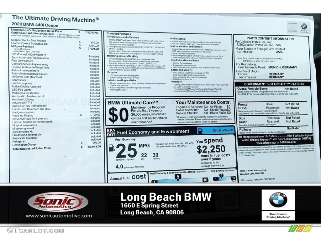 2020 BMW 4 Series 440i Coupe Window Sticker Photo #136880007