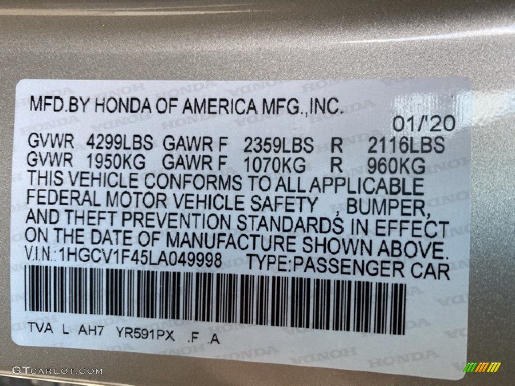 2020 Accord Color Code YR591PX for Champagne Frost Pearl Photo #136882866