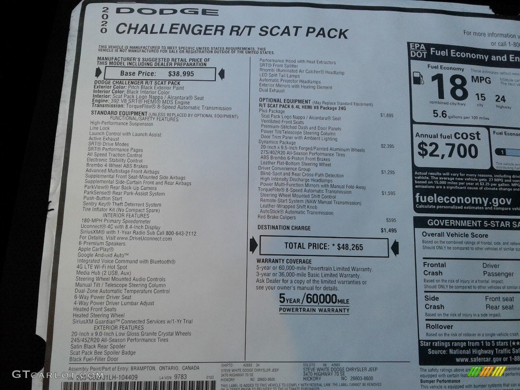 2020 Dodge Challenger R/T Scat Pack Black Steering Wheel Photo #136908886