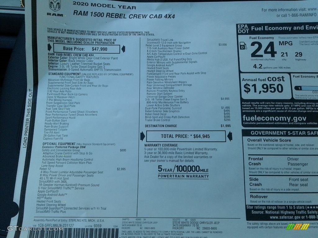 2020 Ram 1500 Rebel Crew Cab 4x4 Window Sticker Photos