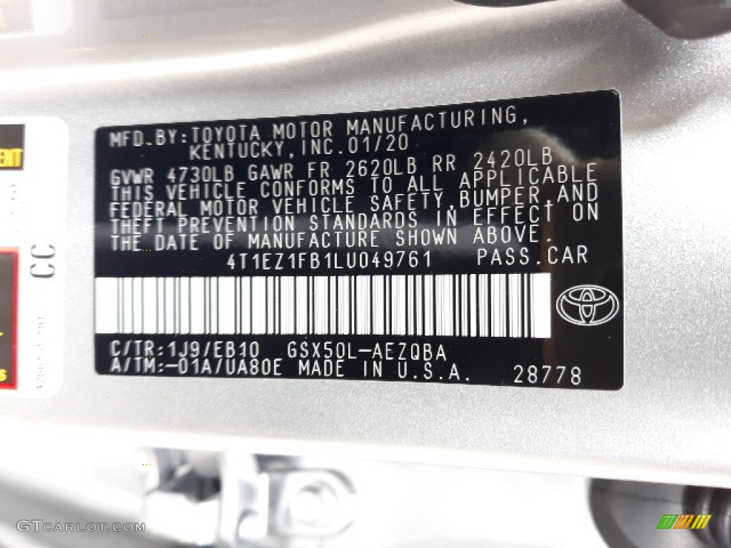 2020 Toyota Avalon XSE Color Code Photos