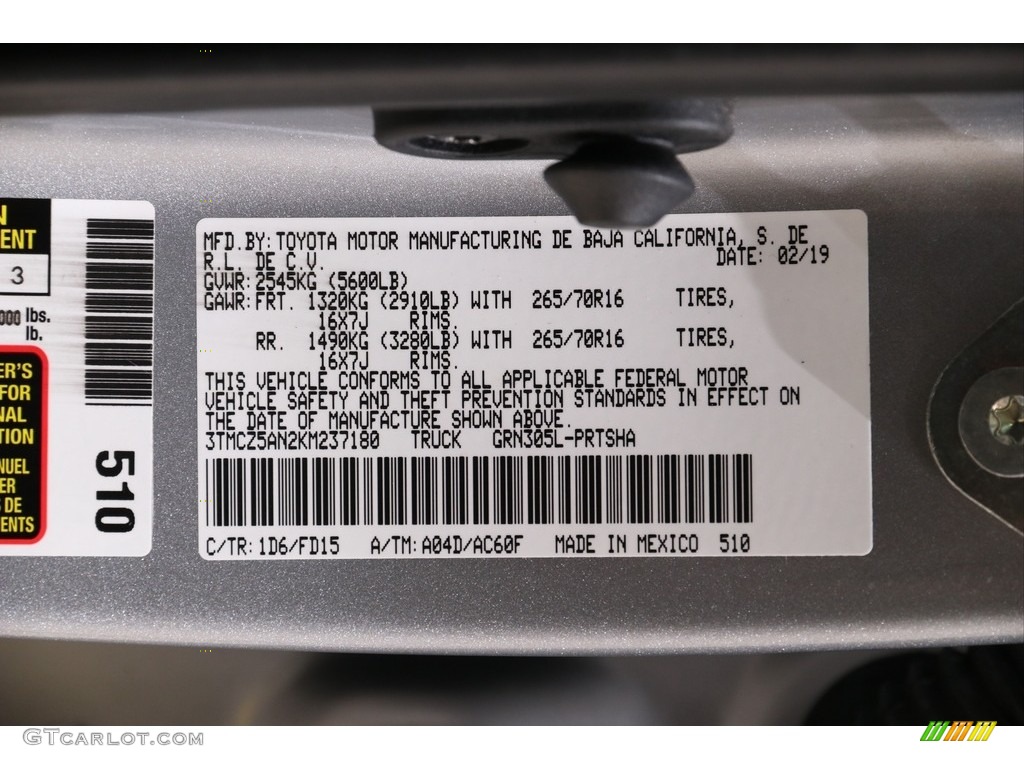 2019 Tacoma Color Code 1D6 for Silver Sky Metallic Photo #136921614