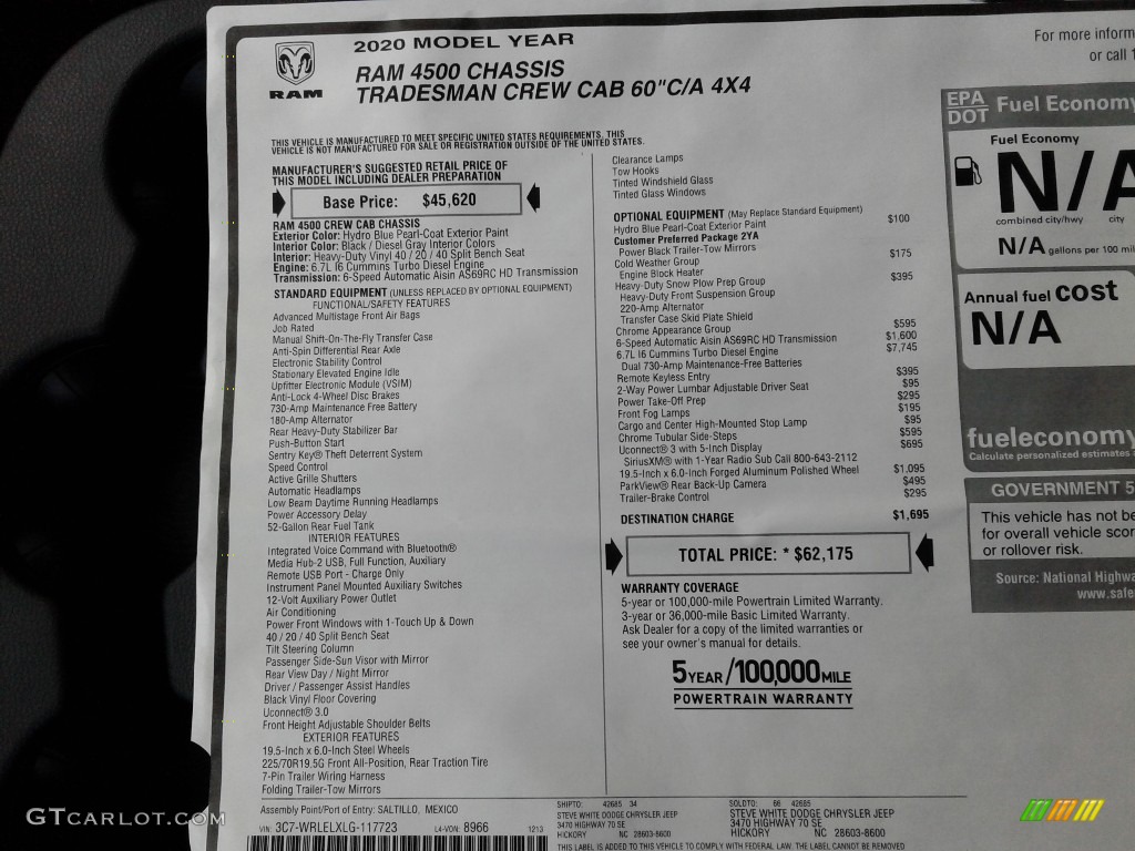 2020 Ram 4500 Tradesman Crew Cab 4x4 Chassis Window Sticker Photo #136929369