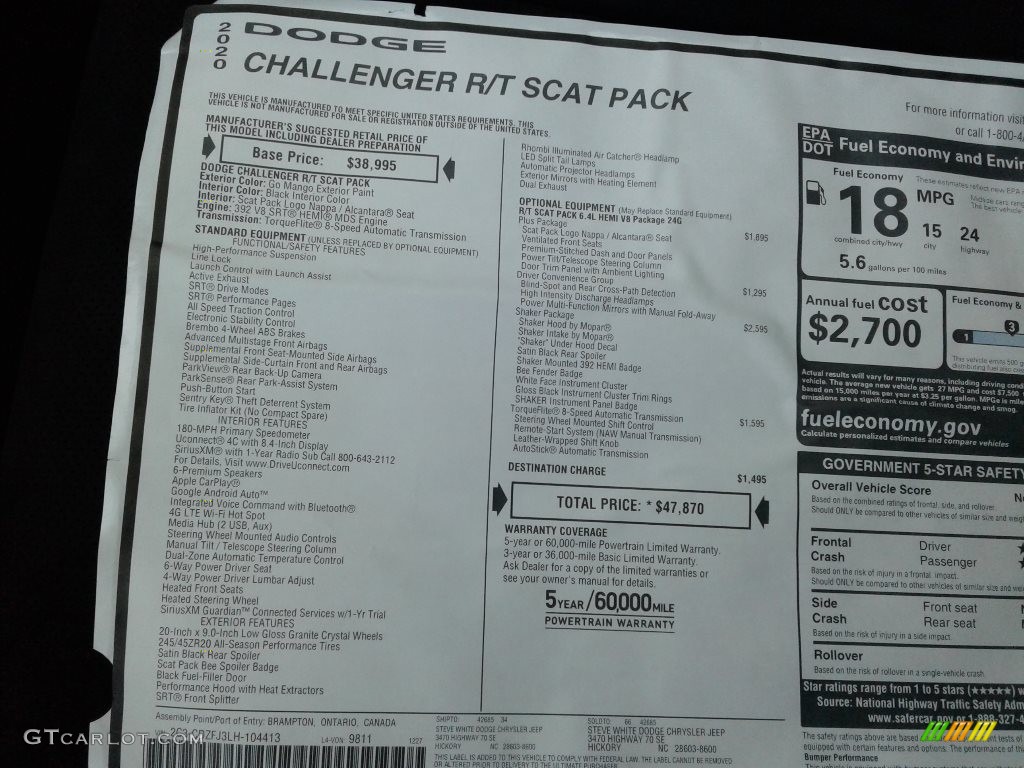 2020 Dodge Challenger R/T Scat Pack Window Sticker Photo #136930776