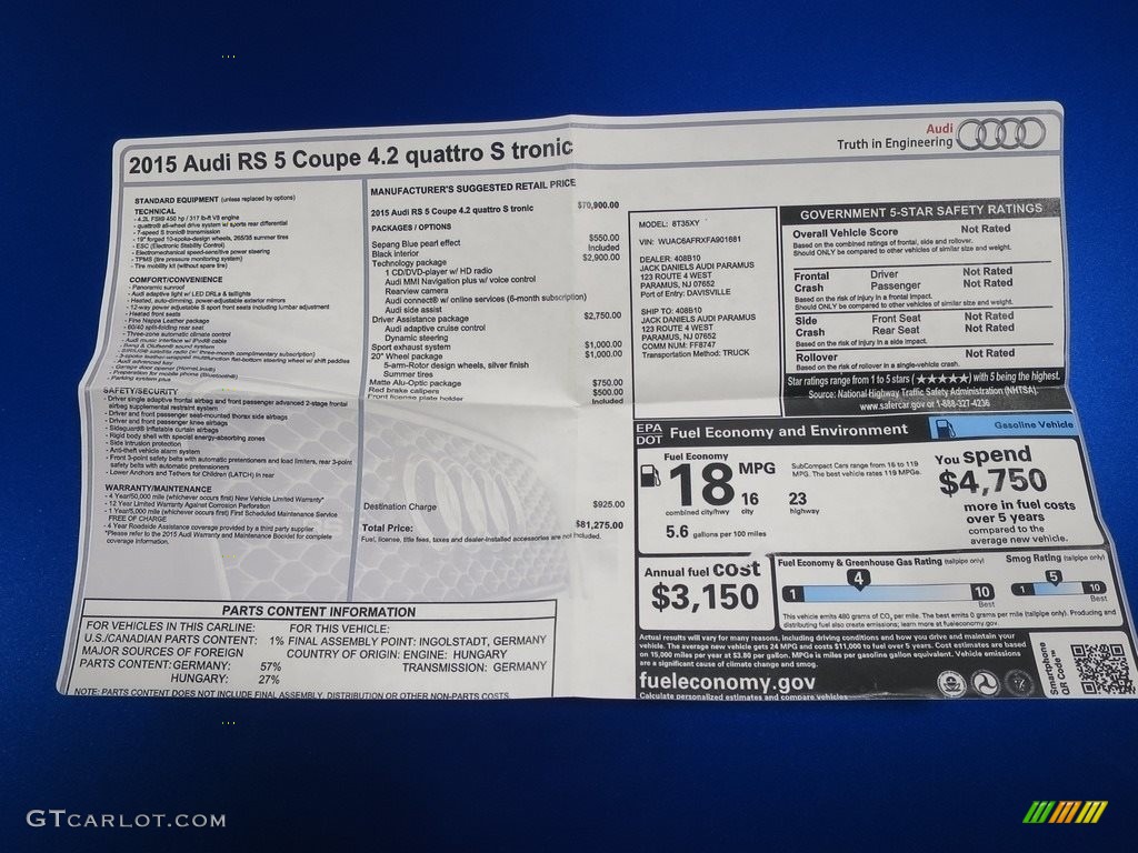 2015 Audi RS 5 Coupe quattro Window Sticker Photo #136934100