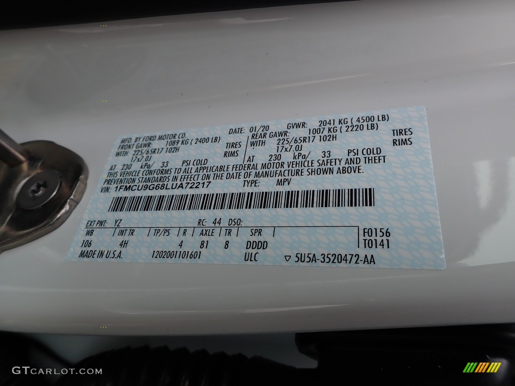 2020 Escape Color Code YZ for Oxford White Photo #136953639