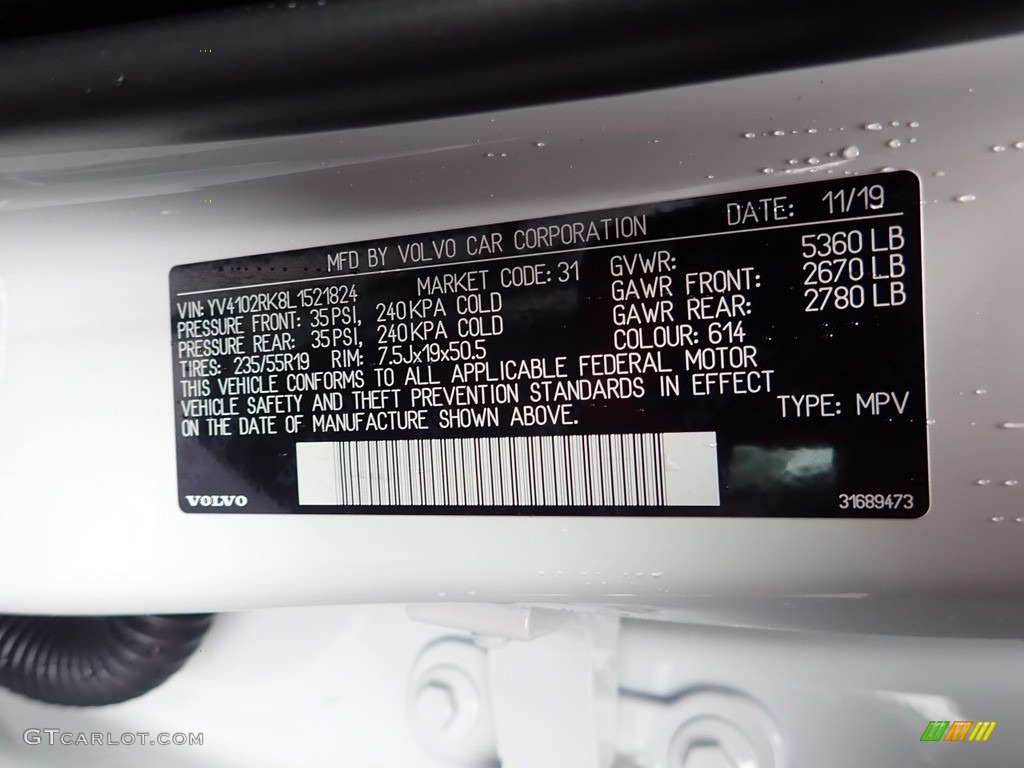 2020 XC60 T5 AWD Momentum - Ice White / Charcoal photo #11