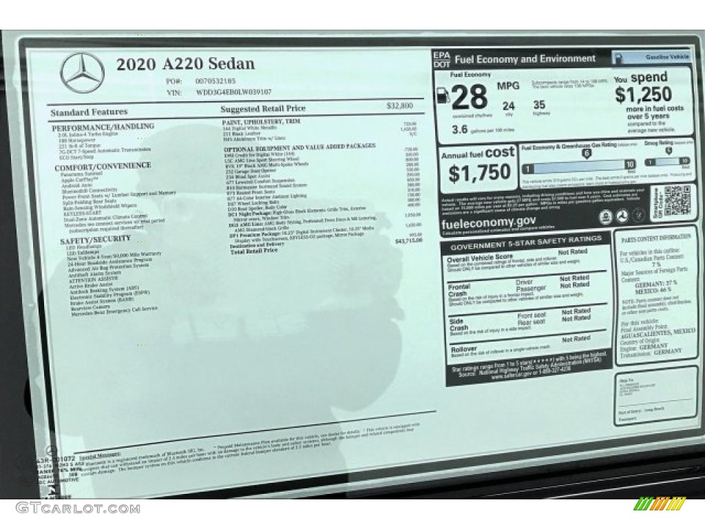 2020 A 220 Sedan - Digital White Metallic / Black photo #10