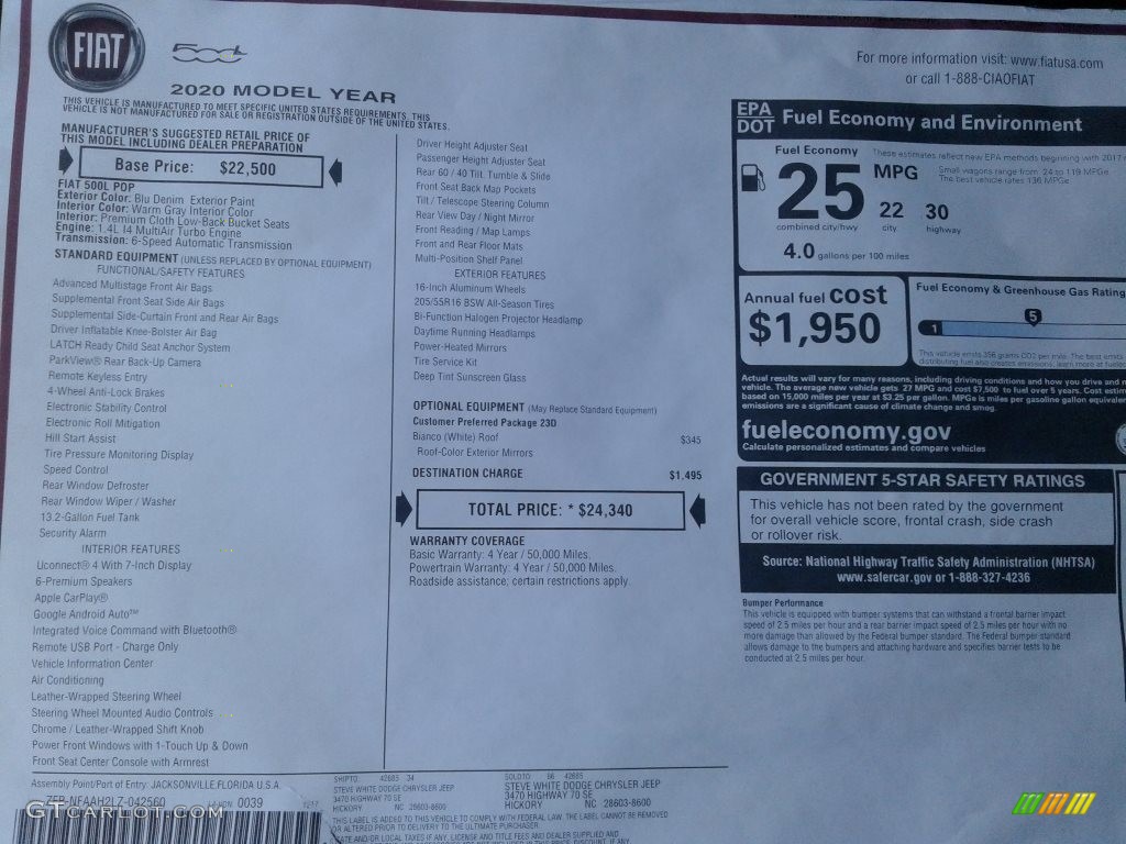 2020 Fiat 500L Pop Window Sticker Photos