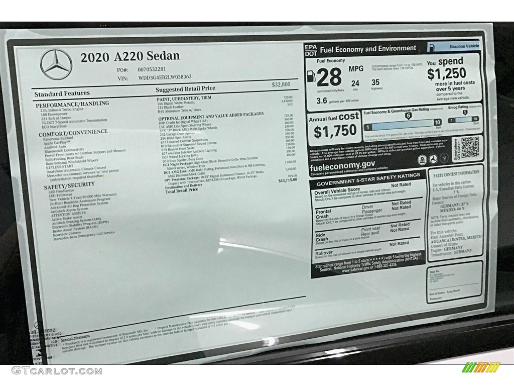 2020 A 220 Sedan - Digital White Metallic / Black photo #10