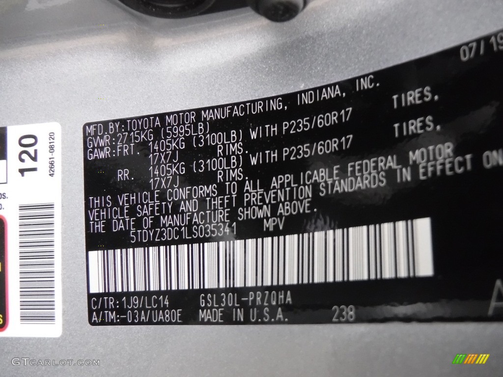 2020 Toyota Sienna XLE Color Code Photos