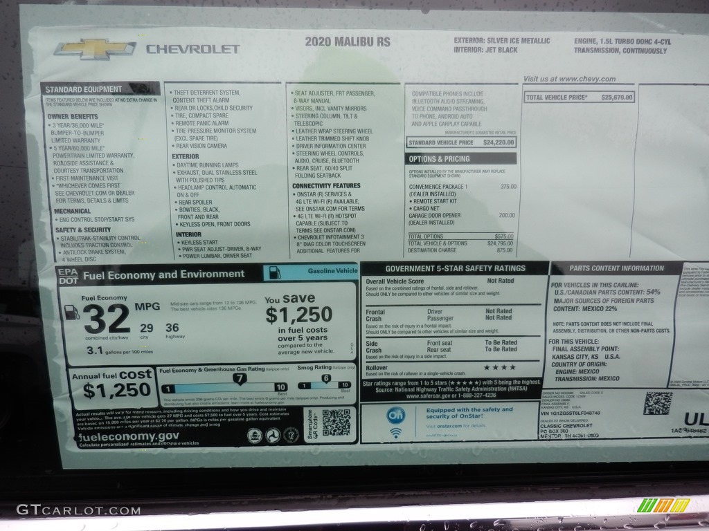 2020 Chevrolet Malibu RS Window Sticker Photo #137004970