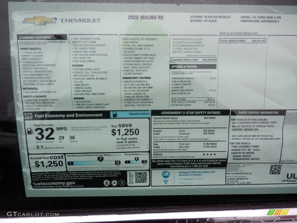 2020 Chevrolet Malibu RS Window Sticker Photo #137004970