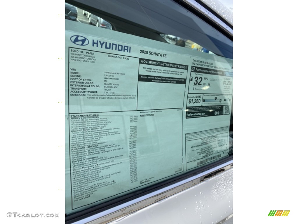 2020 Sonata SE - Quartz White / Black photo #15