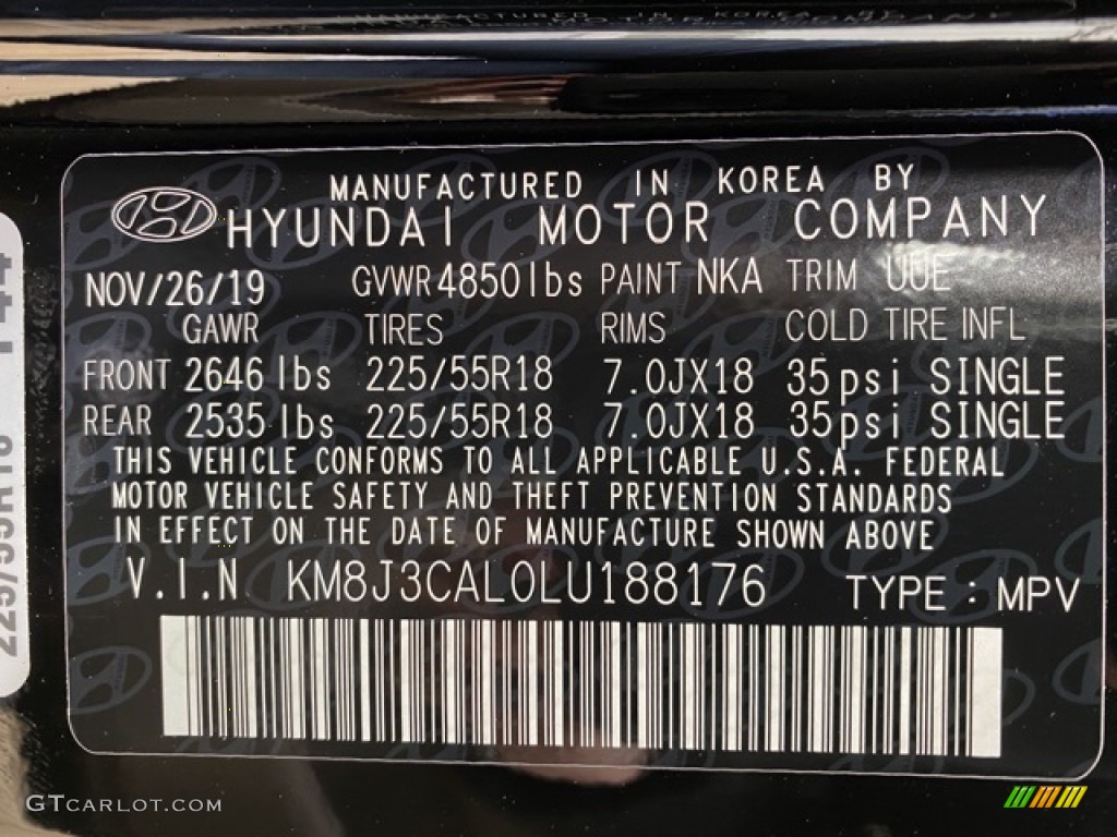 2020 Tucson Color Code NKA for Black Noir Pearl Photo #137124696