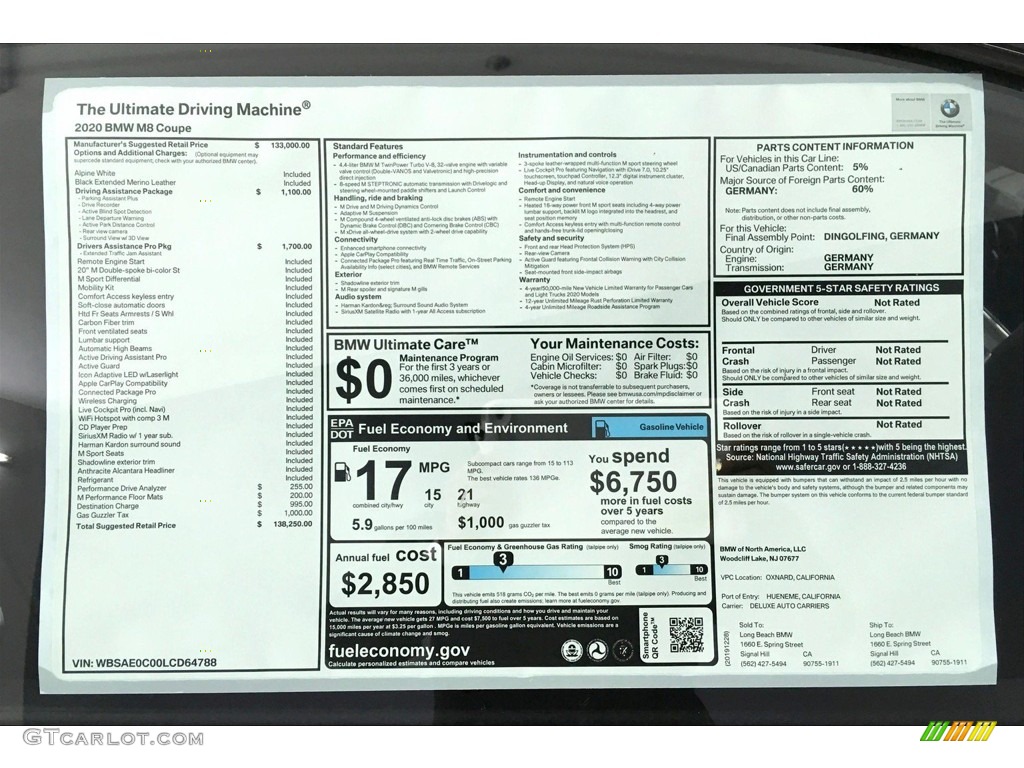 2020 BMW M8 Coupe Window Sticker Photo #137125874