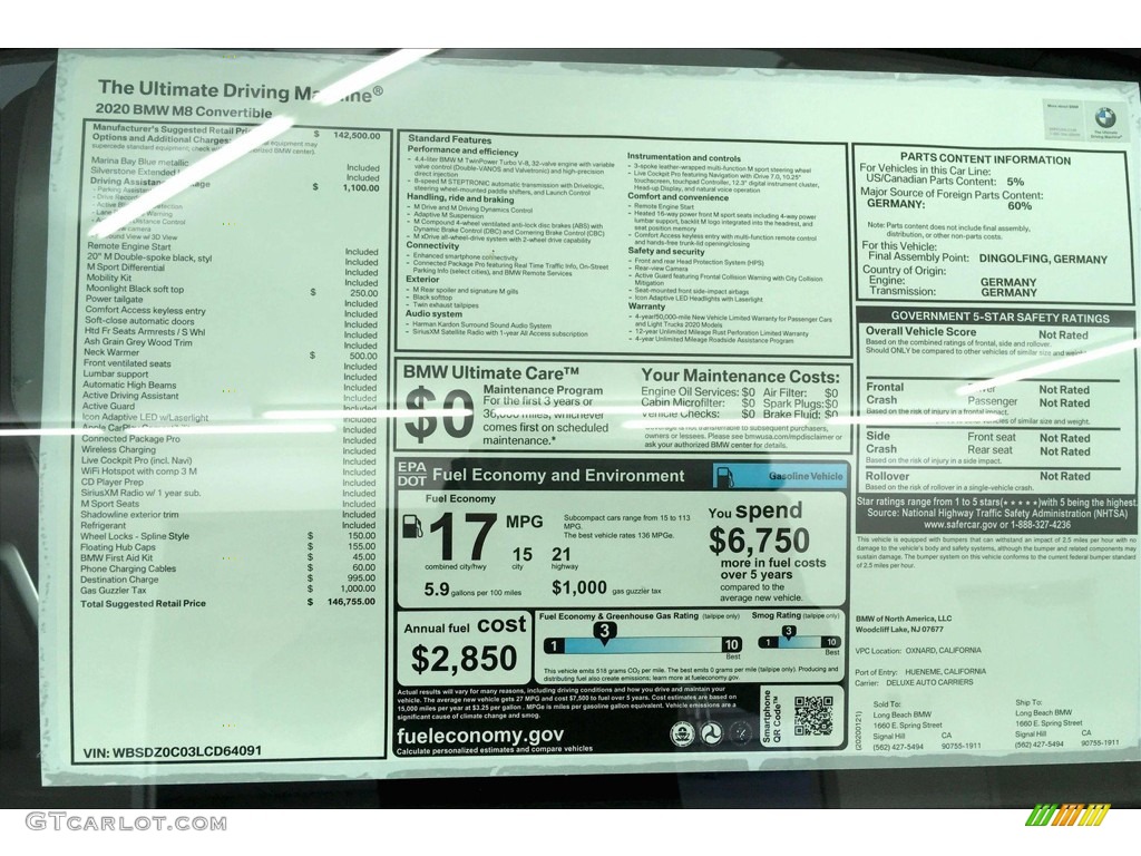 2020 BMW M8 Convertible Window Sticker Photo #137126195