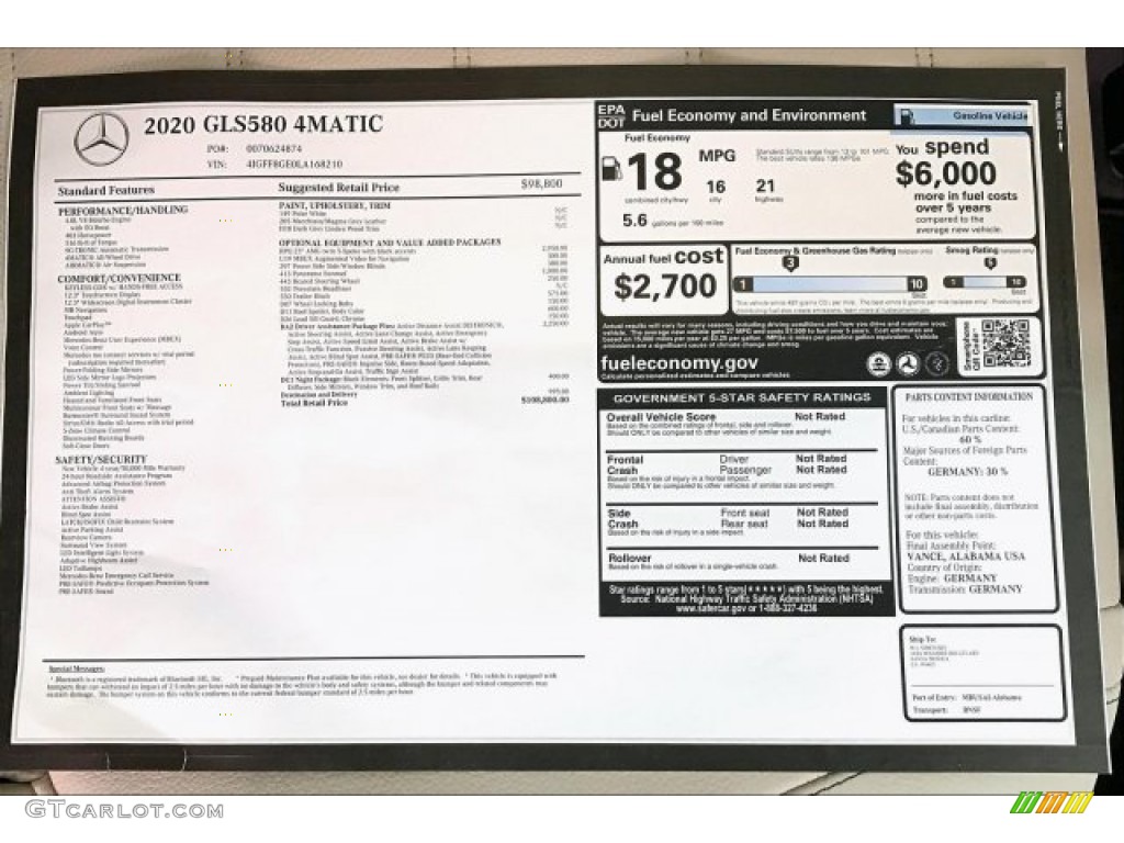2020 Mercedes-Benz GLS 580 4Matic Window Sticker Photo #137144298