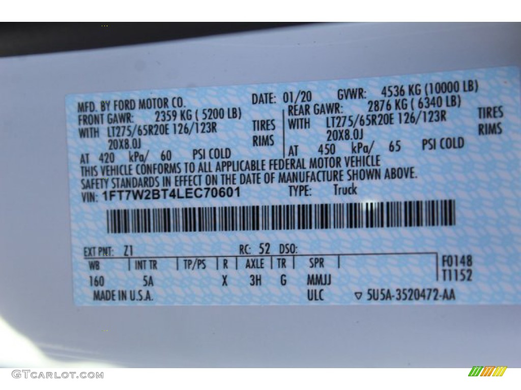 2020 F250 Super Duty Color Code Z1 for Oxford White Photo #137153607
