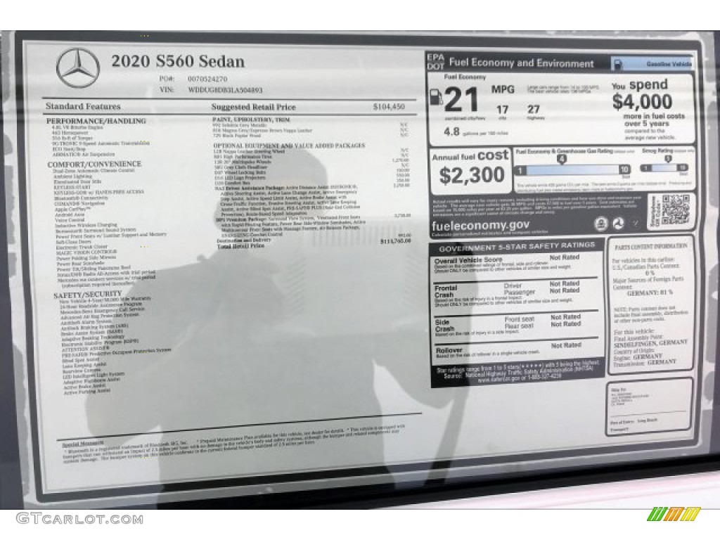 2020 Mercedes-Benz S 560 Sedan Window Sticker Photo #137160250