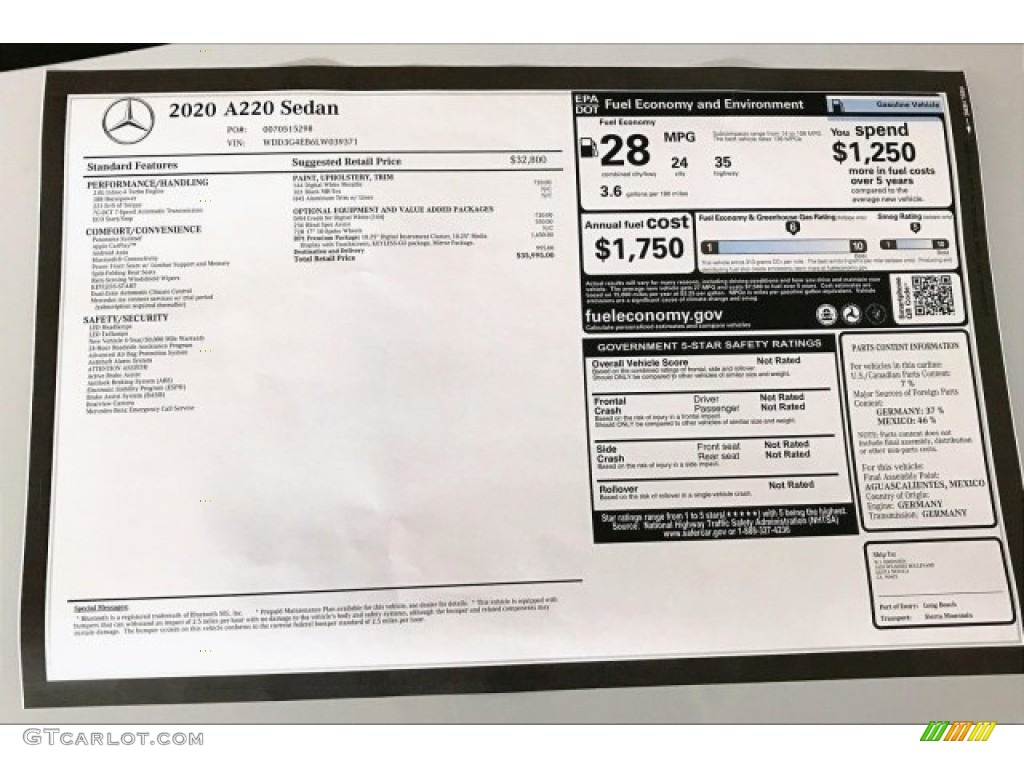 2020 A 220 Sedan - Digital White Metallic / Black photo #2