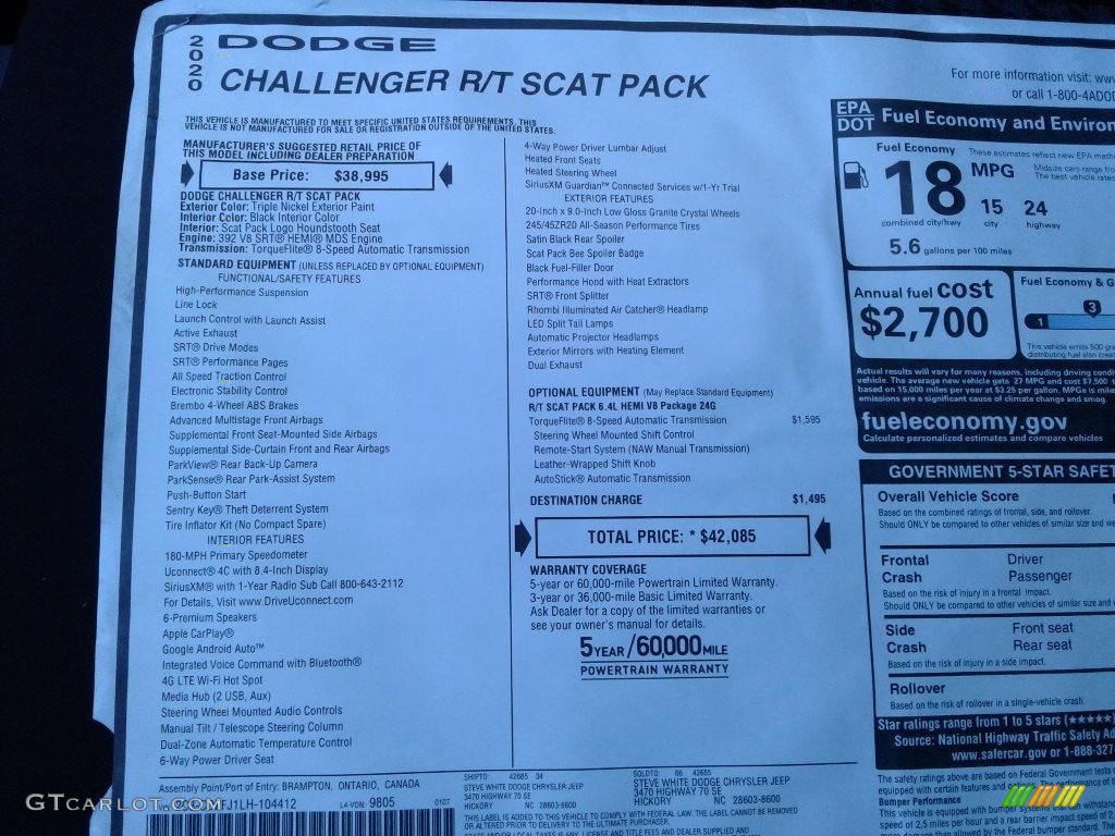2020 Dodge Challenger R/T Scat Pack Window Sticker Photo #137232725
