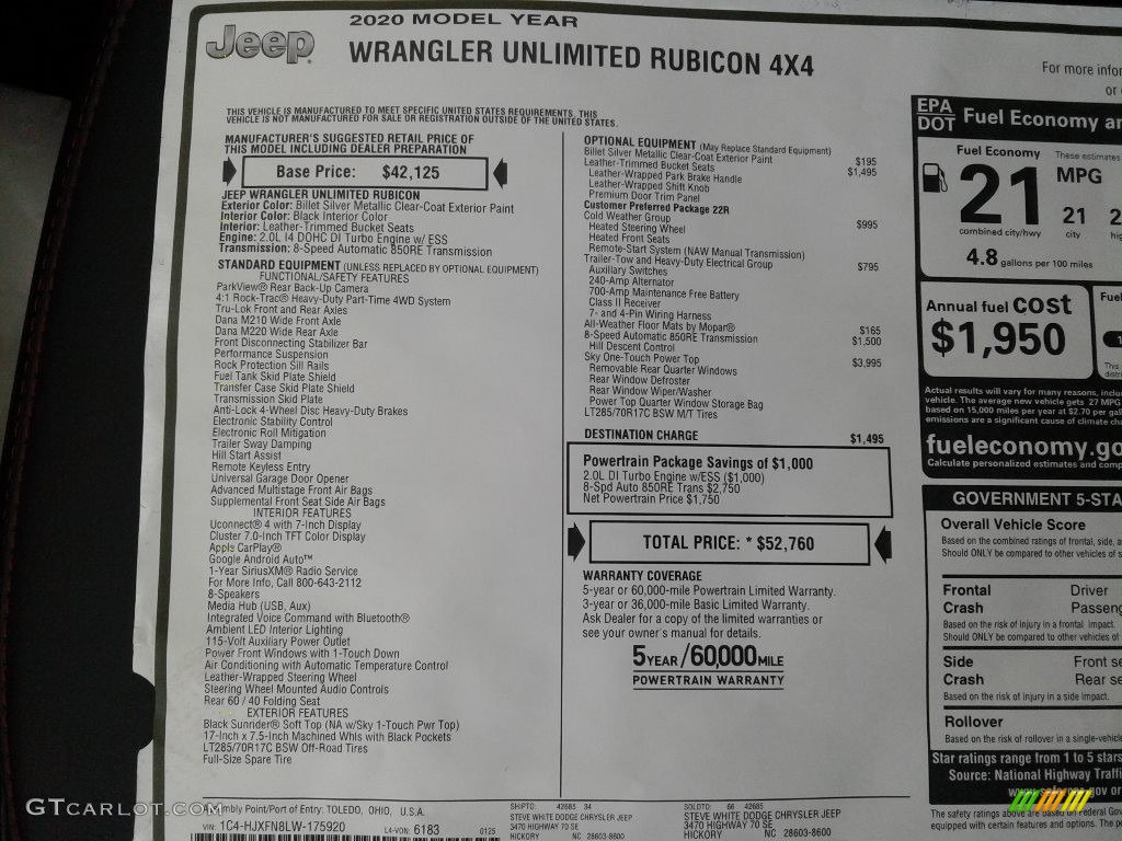 2020 Jeep Wrangler Unlimited Rubicon 4x4 Window Sticker Photo #137242034
