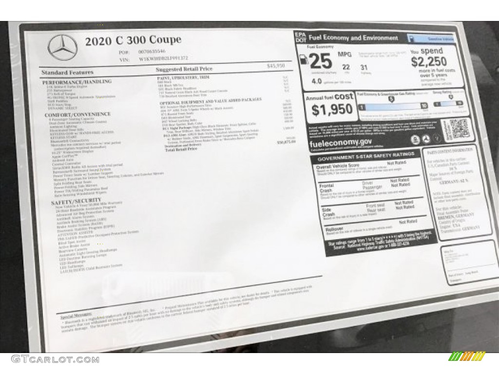 2020 Mercedes-Benz C 300 Coupe Window Sticker Photo #137274308