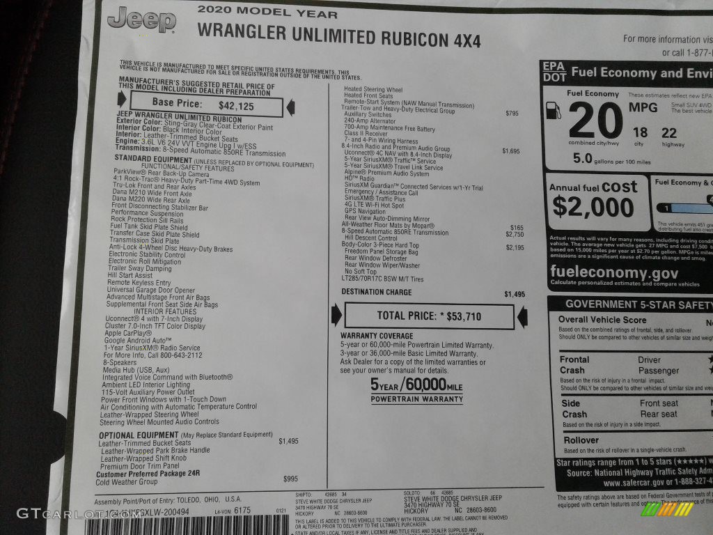 2020 Wrangler Unlimited Rubicon 4x4 - Sting-Gray / Black photo #30