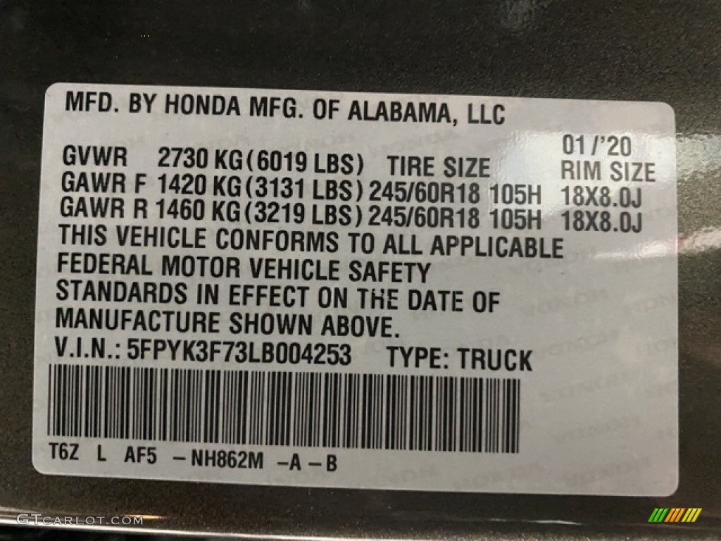 2020 Ridgeline Color Code NH862M for Pacific Pewter Metallic Photo #137358061