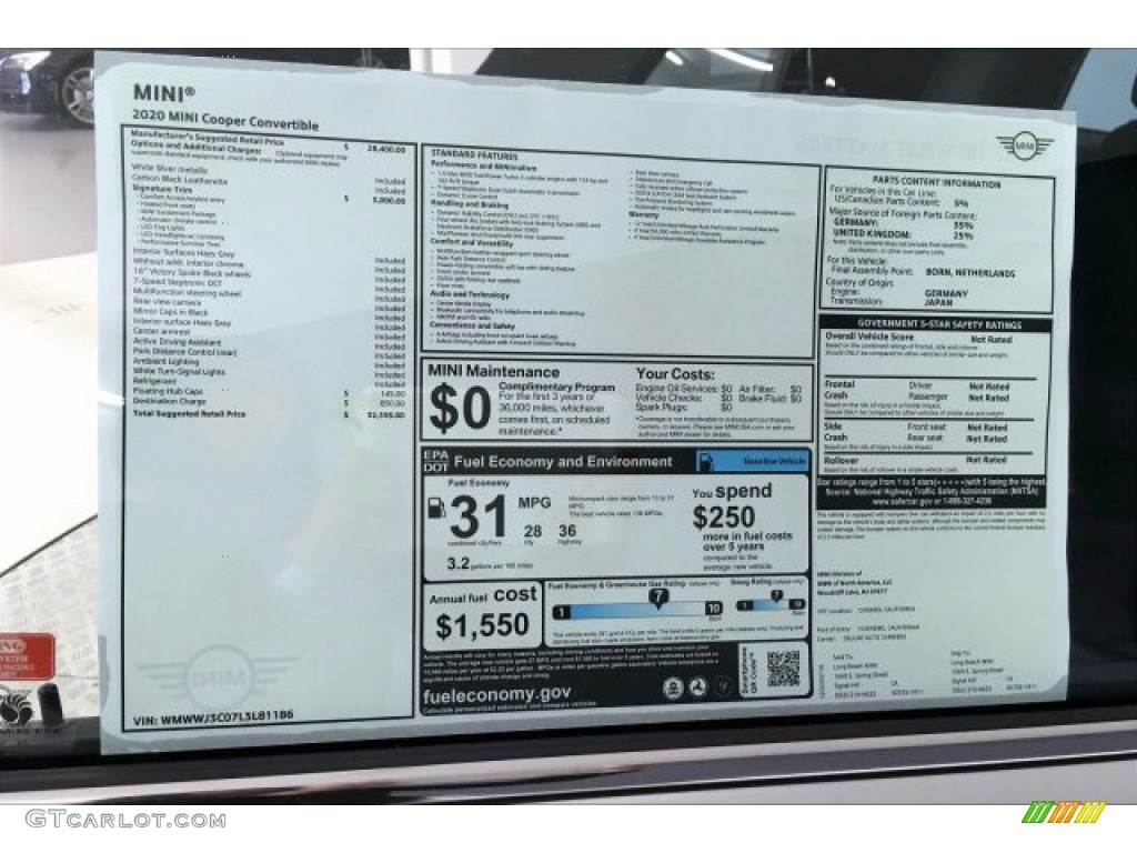 2020 Mini Convertible Cooper Window Sticker Photos