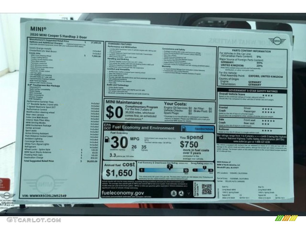 2020 Mini Hardtop Cooper S 2 Door Window Sticker Photo #137361346