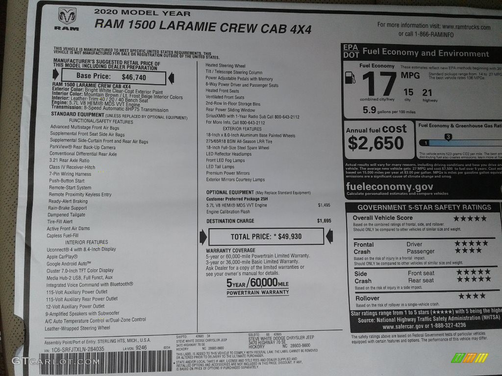 2020 Ram 1500 Laramie Crew Cab 4x4 Window Sticker Photo #137369797