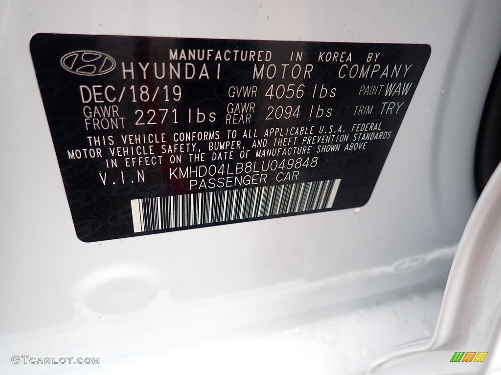 2020 Elantra Color Code WAW for Ceramic White Photo #137371603