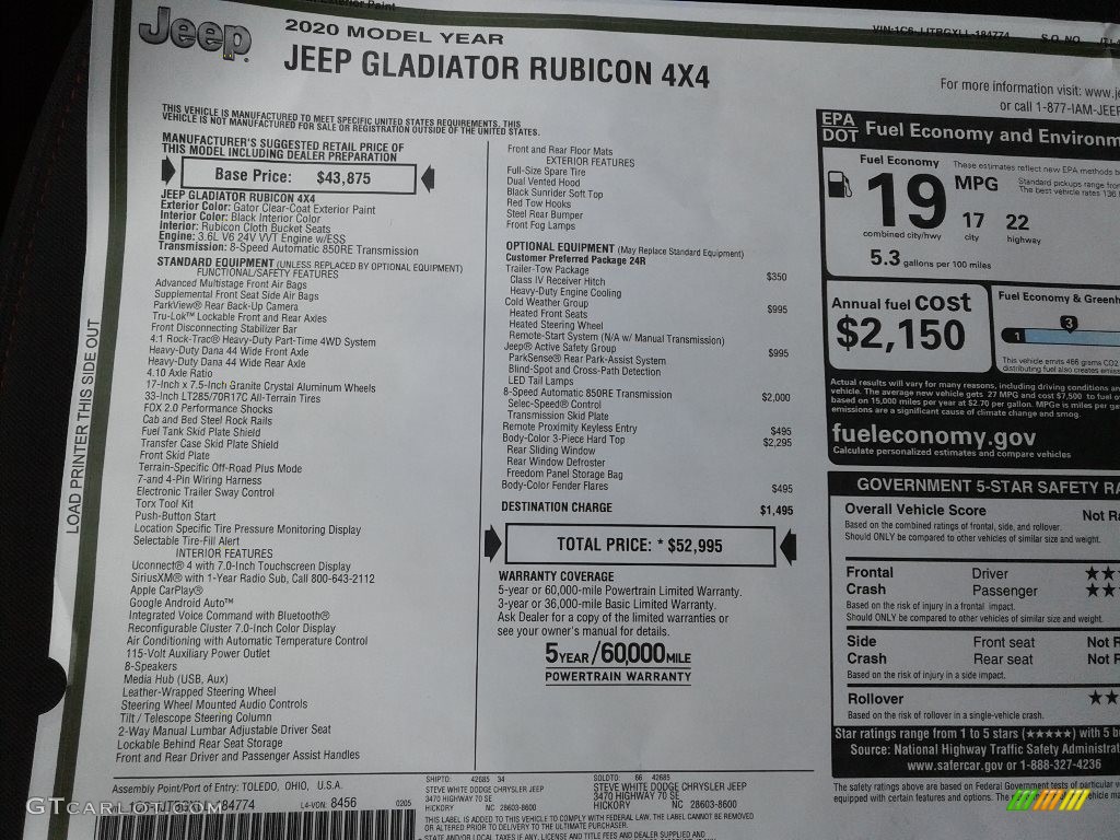 2020 Jeep Gladiator Rubicon 4x4 Window Sticker Photo #137399253