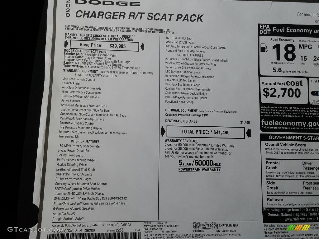 2020 Dodge Charger Scat Pack Window Sticker Photo #137400972