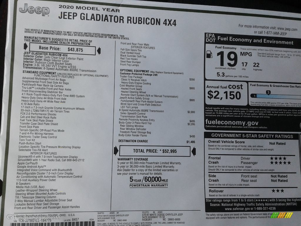 2020 Jeep Gladiator Rubicon 4x4 Window Sticker Photo #137401920