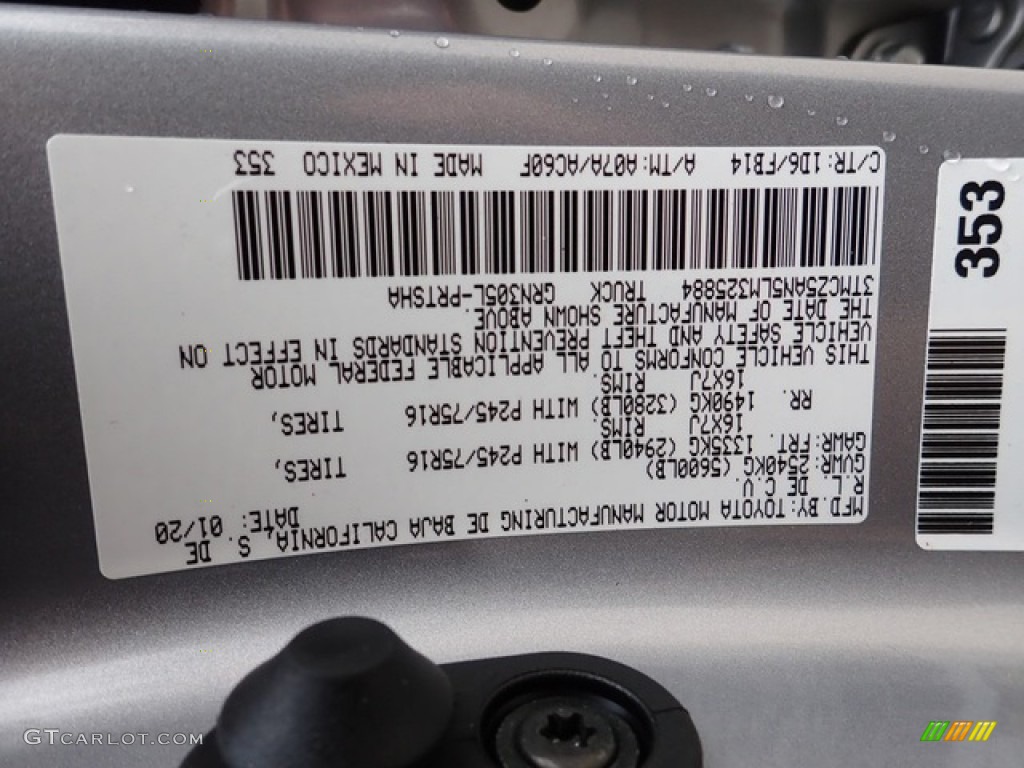 2020 Tacoma Color Code 1D6 for Silver Sky Metallic Photo #137413701