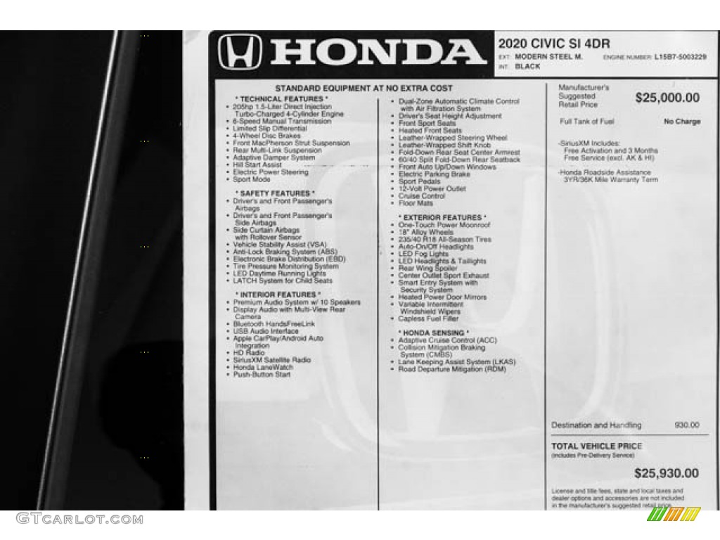 2020 Honda Civic Si Sedan Window Sticker Photo #137419422