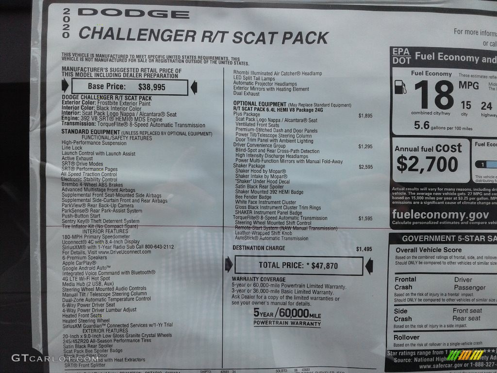 2020 Dodge Challenger R/T Scat Pack Window Sticker Photo #137432113