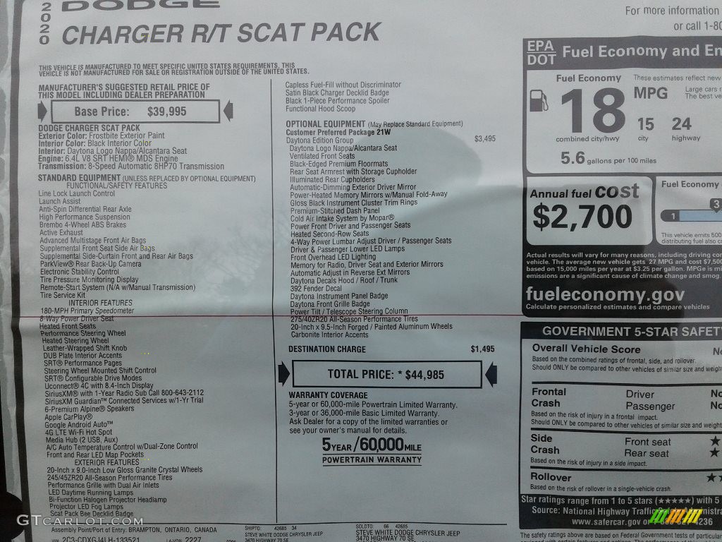 2020 Dodge Charger Daytona Window Sticker Photo #137460339