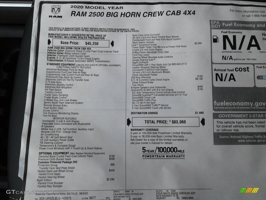 2020 Ram 2500 Big Horn Crew Cab 4x4 Window Sticker Photo #137461281