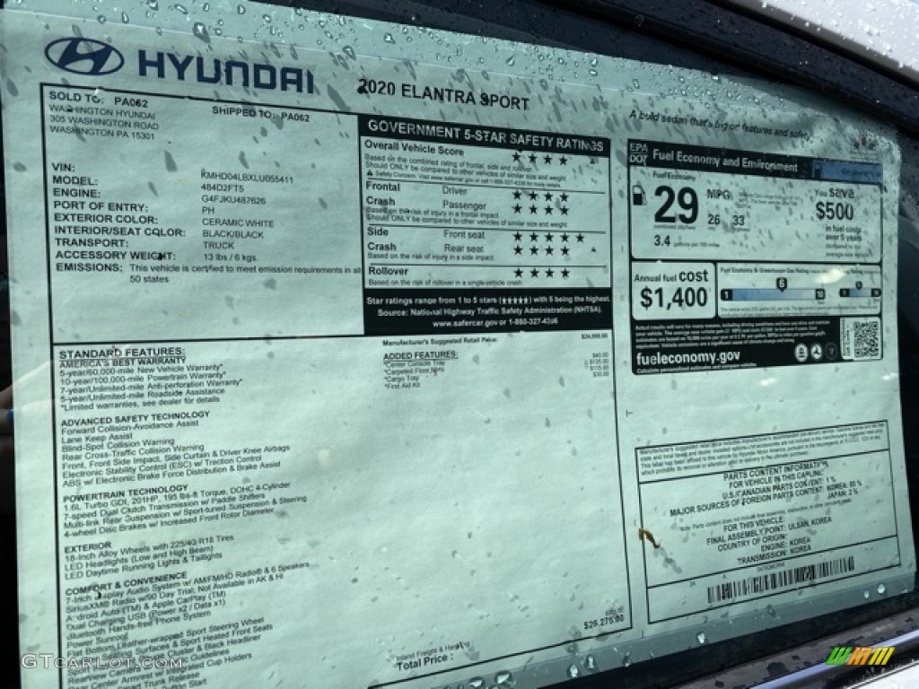 2020 Elantra Sport - Ceramic White / Black photo #14