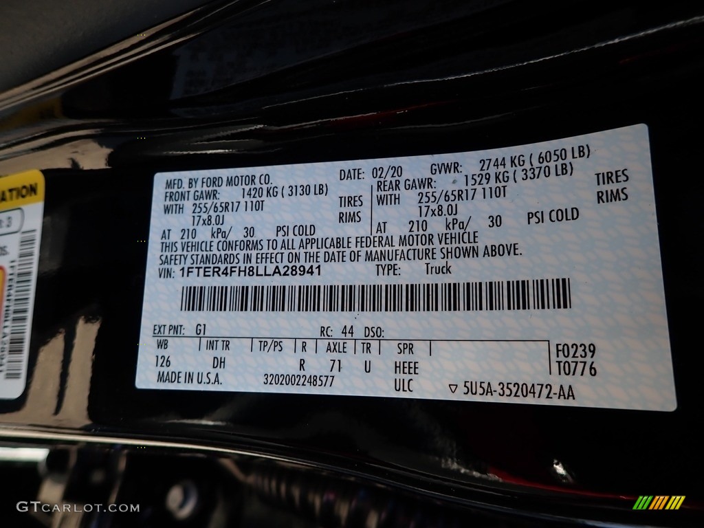 2020 Ford Ranger Lariat SuperCrew 4x4 Color Code Photos