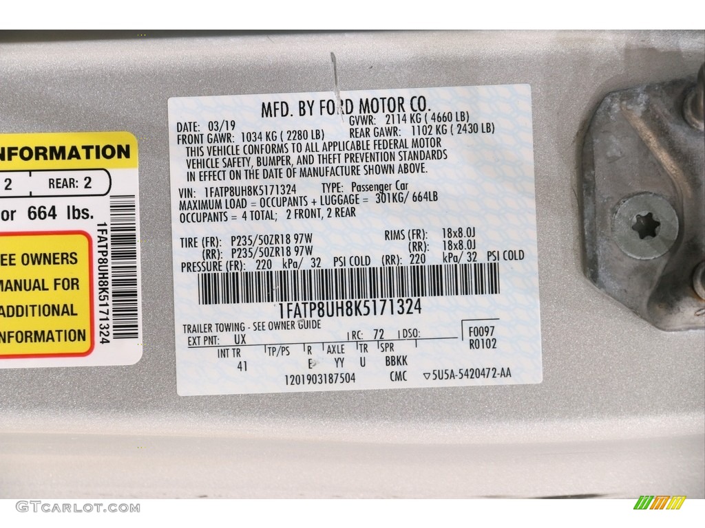 2019 Mustang Color Code UX for Ingot Silver Photo #137478432