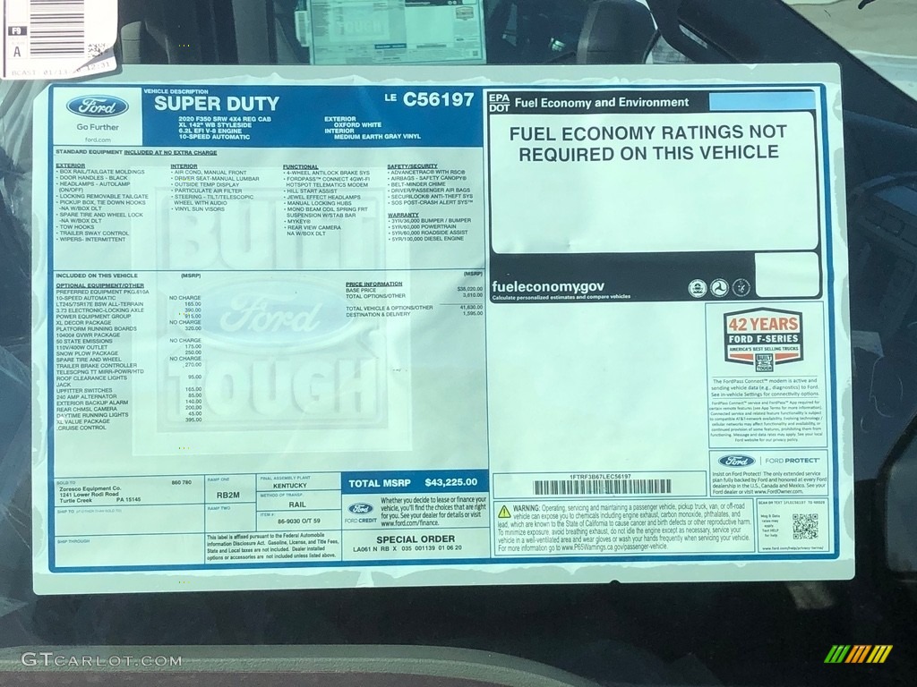 2020 Ford F350 Super Duty XL Regular Cab 4x4 Window Sticker Photo #137520948