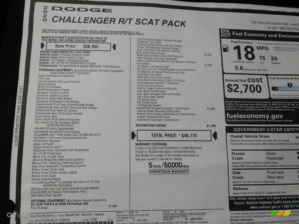 2020 Dodge Challenger R/T Scat Pack Window Sticker Photo #137536735